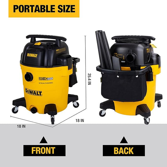 DEWALT 12 Gallon STEALTHSONIC Ultra Quiet Poly Wet Dry Vacuum, DXV12P-QTA Powerful Suction Noise Reduction Vac, 5.5 Peak HP Shop Vacuum for Jobsite/Workshop, Reduce Motor Noise, Yellow