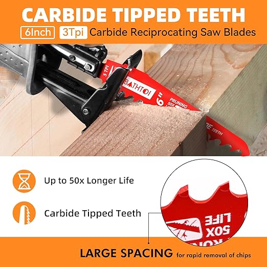 5 Pack 6 Inch 3 Tpi Carbide Reciprocating Saw Blades for Wood Cutting and Tree Trimming, Pruning Sawzall Blades with Carbide Tipped Teeth for Longer Life and Faster Cutting Speed
