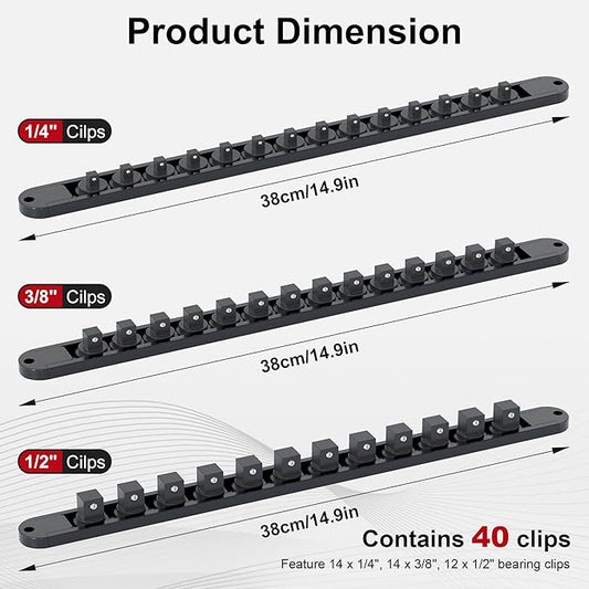 FivePears 3PCS 360째 Socket Organizer Twist Lock,3/8 1/4 1/2 Socket Storage Rails, Premium Quality Socket Holders for Tool Box 竊똖ool Carts竊똂ontains up to 40 Clips (Blue, Red and Black)