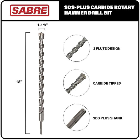 1-1/8 Inch x 18 Inch SDS Plus Rotary Hammer Drill Bit, Carbide Tipped for Brick, Stone, and Concrete (1-1/8" x 16" x 18")