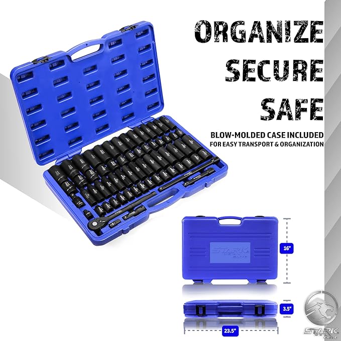 Stark USA 1/2" Drive Master Impact Socket Set, 65 Piece, Standard SAE (3/8"-1-1/4") & Metric (10-24 mm) Sizes, Deep & Shallow Kit, Includes Adapters & Ratchet Handle
