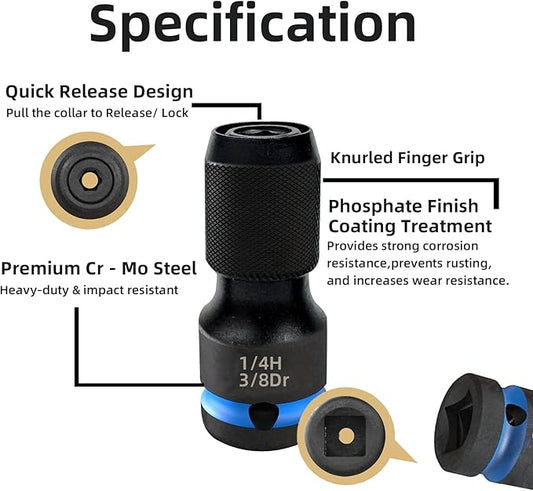 Gerywolf 3 pcs Impact Driver Bit Adapter Set, 1/2, 3/8, and 1/4" Female Drive to 1/4" Hex Socket Adapters, Impact Wrench Adapter for Ratchet Wrench Drives, Impact Bit Chuck, Quick-Change Chuck