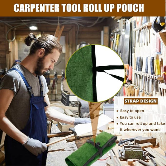 BLIRITEL Small Canvas Tool Roll Up Bag - Chisel Organizer With 4 Pockets for Metal Pry Bar, Plier, Wrench - Pouch for Mechanic, Carpenter, Craftsman