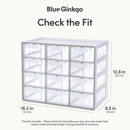 Blue Ginkgo Large 12-Drawer Cabinet ??Stackable Clear Organizer for Hardware, Beads, Plastic Bricks, Office, and Craft Storage (Made in Korea, Gray)