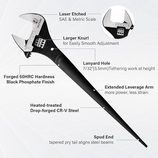 HAUTMEC 12 inch Adjustable Spud Wrench, Wide Jaw Up to 1-11/32"(34mm), Adjustable Spud Wrenches with Tail Pry Bar Features, Black Oxide Finish, Forged CR-V Steel Metric & SAE Scales with Tether Hole