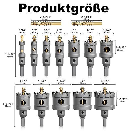 GSTK Upgrade Heavy Duty Carbide Hole Saw 14 Pcs,Metal Steel Hole Saw Drill Bit,TCT Hole Cutter,Alloy Hardness Upgrade, with 2*Extra Titanium Plated Pilot Center Drill and 2*L-Wrench