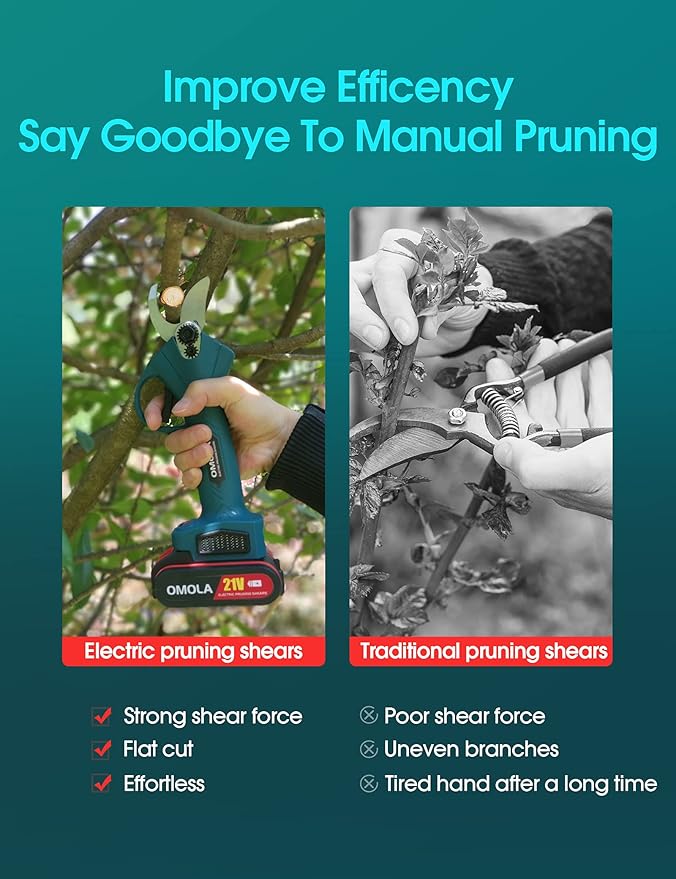 OMOLA Electric Pruning Shears,with 2 PCS Rechargeable 21V 2Ah 2000mA Lithium Battery Powered and 2 Blades,1Inch/25mm Cutting Diameter,6-8 Working Hours…