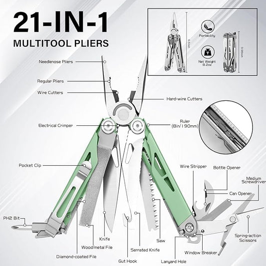 RBLACK Longeron21 Multi tool, 21-in-1 Multitool Pliers with Safety Locking and Spring-Action Scissors, Heavy-duty Stainless Steel Multi-tool Set for Work, Home, Garden, DIY & Auto, Mint Green