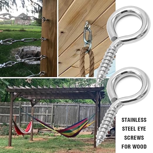 ACCZIO 8 Pack 304 Stainless Steel Eye Screws,2.5 Inch M6 Heavy Duty Eye Hooks Screw, Eye Bolts Screw in Eye Hooks for Wood, Eye Bolts for Secure Cable Wires, Indoor & Outdoor Use