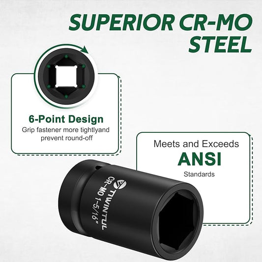 1-5/16" Impact Socket 1" Drive, 6 Point Design, CR-MO Axle Nut Socket, ANSI Certified, Heavy Duty Socket 1 Inch Drive for Truck, Trailer, Industrial & Fleet Maintenance