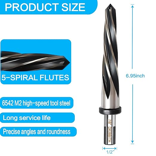 7/8??Bridge Construction Reamer Drill Bit, M2 HSS Taper Chucking Reamer for Steel Alloy Metal Wood Plastic, 1/2" Non-Slip Shank, 5-Spiral Flutes Car Reamer, to Align or Enlarge Holes, 22mm