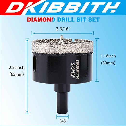 DKIBBITH 2-1/8" Diamond Hole-Saw Bits with Pilot Drill Bit - 2-1/8" Diamond Tipped Tile Hole Saws with Guiding Bit for Porcelain Tile Ceramic Pottery Granite Stone Glass Bottles 55mm.