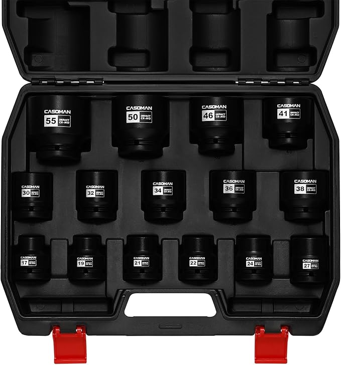 CASOMAN 15-Piece 3/4" Drive Shallow Spindle Axle Nut Impact Socket Set, 6-Point, Standard Large Socket Set, Metric (17mm -55mm), CR-MO Steel, with Storage Case