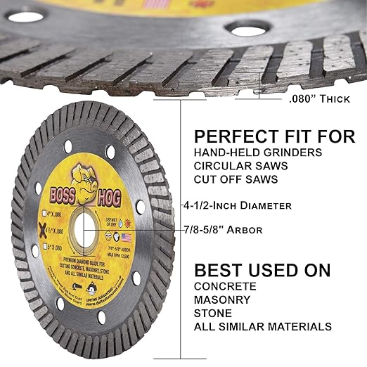 Delta Diamond Boss Hog 4 1/2 Inch Turbo Premium Diamond Blade for Masonry, Brick, Block, Pavers, Concrete, Stone, Wet/Dry Cutting, Continuous Rim (4.5")