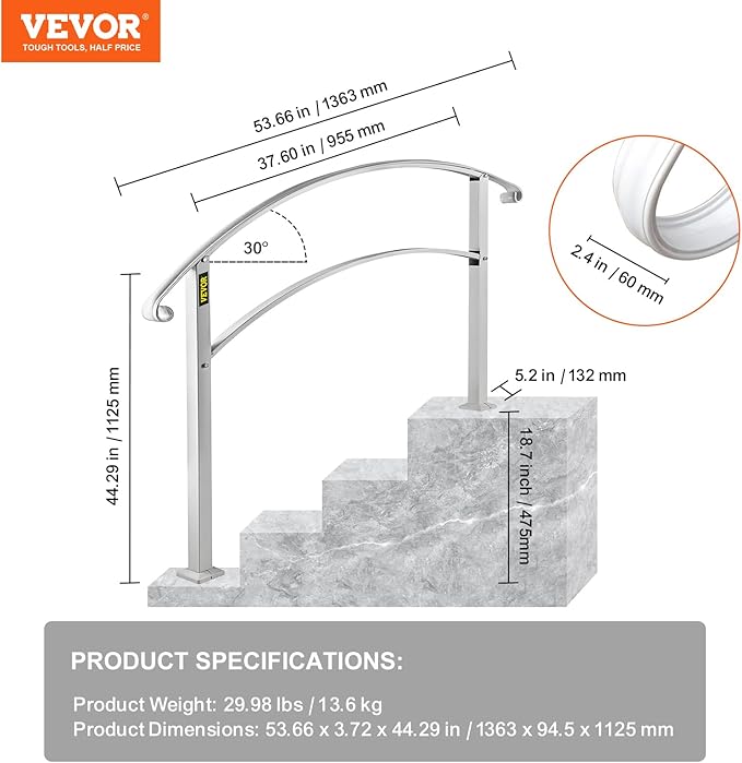 VEVOR Handrail for Outdoor Steps, 3-4 Steps White Arch#1, Adjustable Metal Staircase Railing, Thickened Stair Railings for Porch, Deck