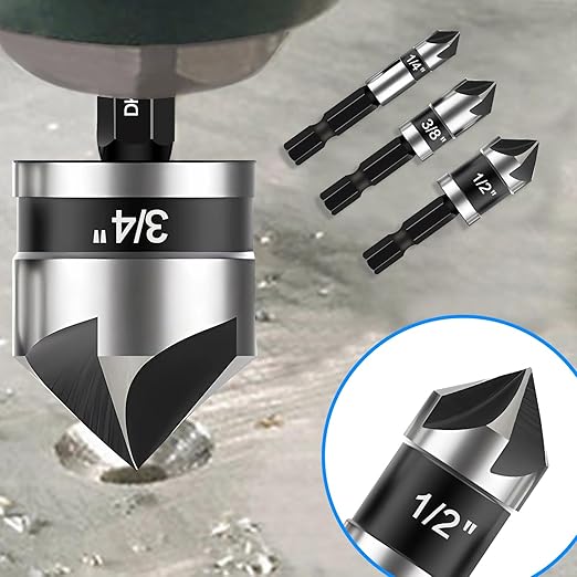 5 Pcs Countersink Drill Bit Set, 82 Degree, 5Flute with 1/4??Quick Change Hex Shank, Sizes 1/4??to 3/4??for Metal, Wood & Plastic, Ideal for Carpentry, Metalwork, Plastic Fabrication
