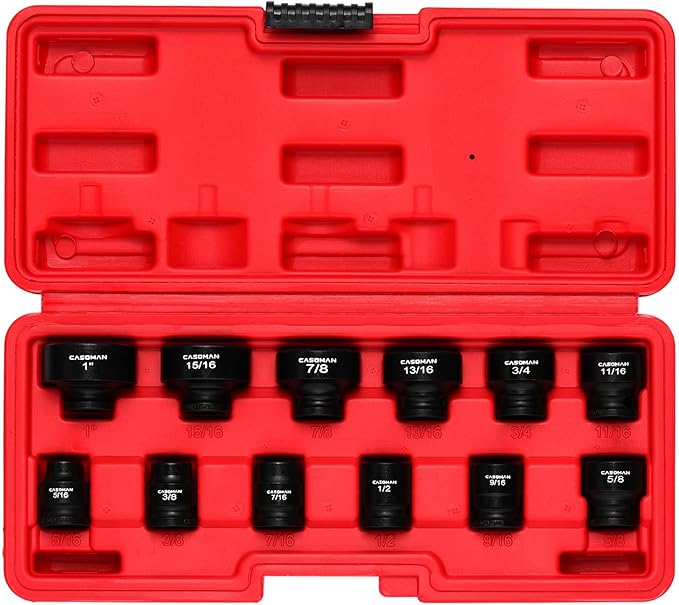 CASOMAN 12PCS 3/8" Drive Stubby Impact Socket Set, Low Profile, 5/16" - 1", SAE, CR-MO, 6-Point, 12 Pieces Shallow Socket Set for Automotive Maintenance, Repairs and DIY, for Tight Areas