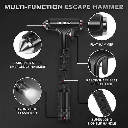 Car Safety Hammer, Car Glass Breaker with Seat Belt Cutter, Automotive Escape Tool with Lighting Function, Metal Window Breaker, Emergecy Safety Hammer for Auto Accidents (Black)