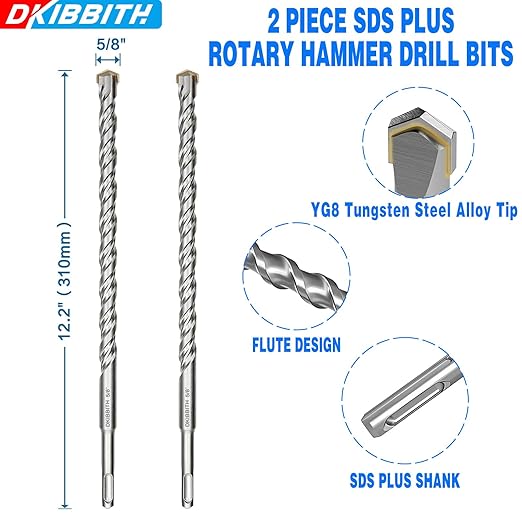 2-Pack SDS Plus Masonry Drill Bits 5/8 Inch x 12 Inch Long Rotary Hammer Drill Bits Carbide Tipped for Concrete Brick Cement Stone Block.