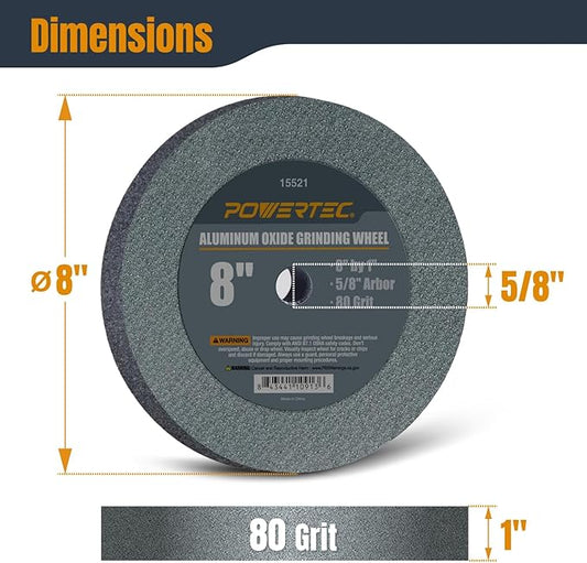 POWERTEC Bench Grinder Wheel 8 Inch 80 Grit, Aluminum Oxide Grinding Wheel for Bench Pedestal Grinder, 1" Thick 5/8" Arbor, Sharpening & Shaping Drill Bits, Blade, and Chisel 1PK (15521)