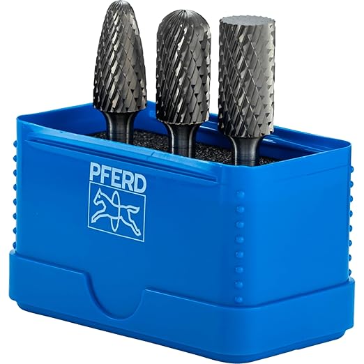 PFERD 3-Piece Carbide Bur Set, Double Cut, 1/4" Shank, Tungsten Carbide Rotary Burrs, for Metal Grinding & Deburring, Includes Plastic Case ??Part 26548