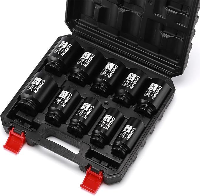 CASOMAN 10PCS 1/2" Drive Deep Spindle Axle Nut Impact Socket Set, 6-Point, Large Socket Set, SAE (1-1/16" to 1-5/8"), CR-MO