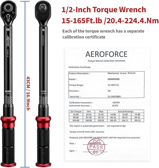 AEROFORCE 1/2-Inch Drive Torque Wrench竊?5-165 lb.ft / 20.4-224.4 Nm),72 Tooth Dual Direction Reversible Ratchet, Dual Range Scales, Precision Calibrated for Bike, Motorcycle and Car Repair