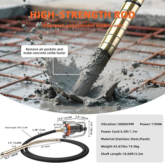 18FT Electric Vibrator Concrete Handheld,2HP 1700W 18000RPM Powerful Copper Motor Construction Insertion Cement Vibrator Remove Air Bubble,Mix Concrete with Flexible Shaft Long working area