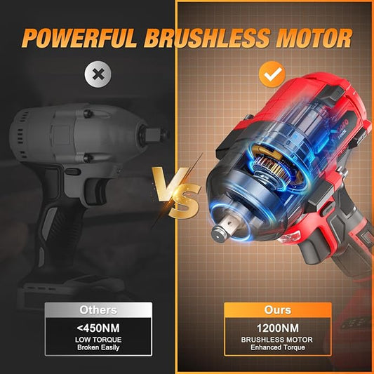 1200N.m (900ft-lbs) Cordless Impact Wrench, 1/2 High Torque Brushless Impact Drill with 3000RPM Power, 2 x 4.0Ah Batteries, Fast Charger, Variable Speeds for Car/Truck RV/Mower (Red)