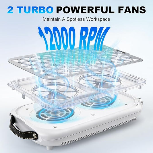 ANGNYA Nail Dust Collector with 2 Brushless Turbo Fans and Built-in Battery, G5 Professional 12000RPM Nail Vacuum Dust Collector, 30PCS Filter Papers Included, 99.99% Suction Power