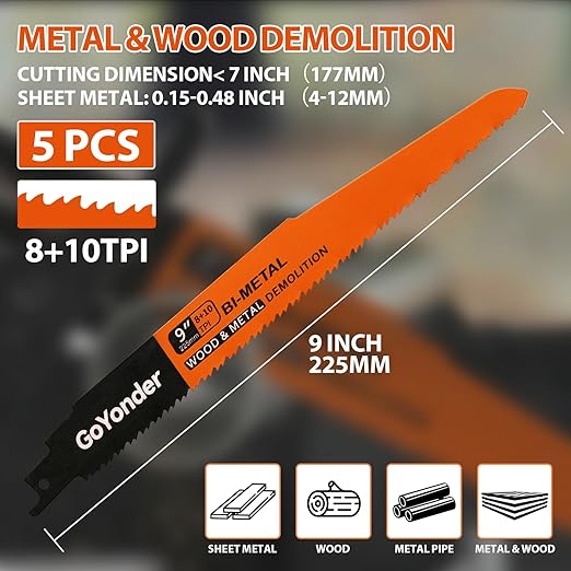 GoYonder Demolition Reciprocating Saw Blades 8+10TPI Bi-Metal, Durable Blades for Wood/Metal, Perfect for Demolition, Renovation, Medium Metals (5-Pack)