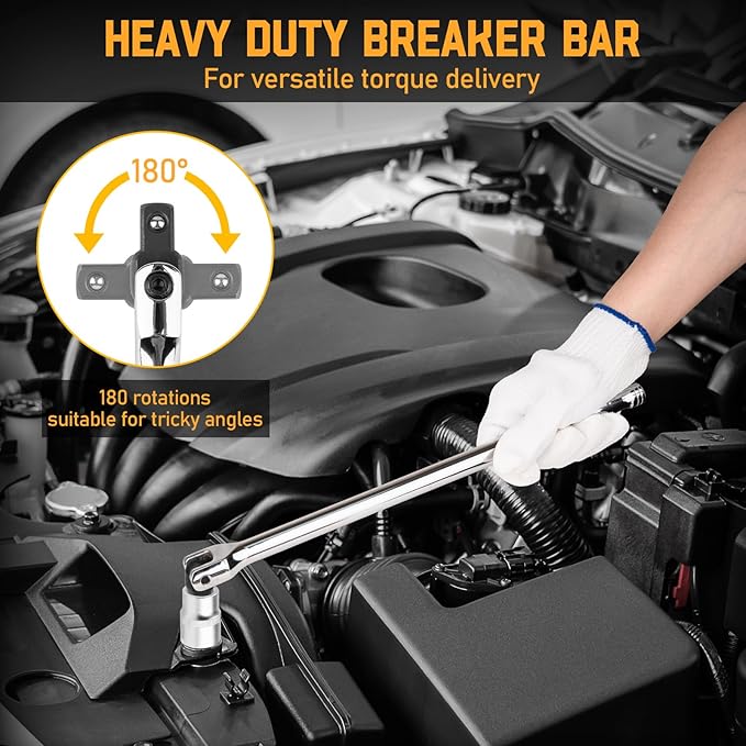 3PCS Breaker Bar Set, 3/8'', 1/4in, 1/2inch Breaker Bars with 180째Rotatable Head, Heavy Duty Breaker Bar Kit with 15 inch, 10 inch, 6 inch Length for Automobile and Motorcycle Maintenance and Repair