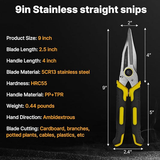 Heavy Duty Scissors 9 Inch Aviation Tin Snips, Straight Metal Cutter with Stainless Steel Blade & Comfort Grips, Multifunction Cutting of Branches, Cable Wires, Cardboard