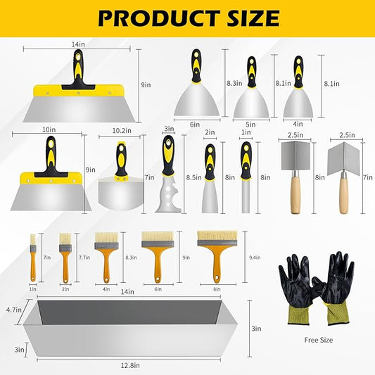 18 pcs Putty Knife Set,Drywall Knife,Espatulas Drywall Kit With Mud Pan,1??2??3??4??5??6??Spackle Knife,7??10??14??Taping Knives,External Corner Trowel & Internal Corner Trowel,5 Brushes And Gloves
