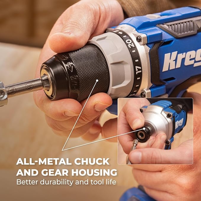 Kreg Ionic Drive Drill & Driver Combo Bundle - With Charger & Battery (2) - High Torque Professional Workshop Tool - LED Light - Two Speed & Variable Speed Trigger - Heavy Duty Tool - KPTBDRDV2550A