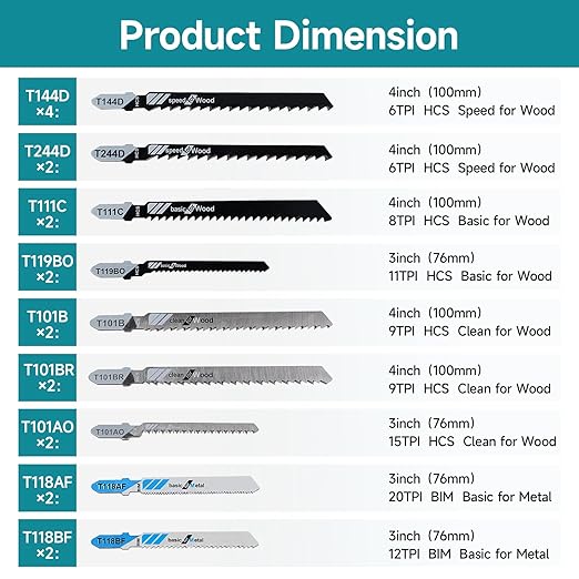 20 Pcs Jigsaw Blades Set with Case, 9 Types of Assorted T-Shank Replacement Jigsaw Blades, for Wood,Plastic and Metal Cutting