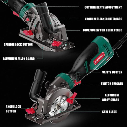 HYCHIKA 6.2A Mini Circular Saw with 3 Blades (4-1/2”), Compact Hand Saw Max 1-7/8" Cutting Depth, 3500RPM, Rubber Handle & 10ft Cord for Wood, Metal, Plastic, Tile