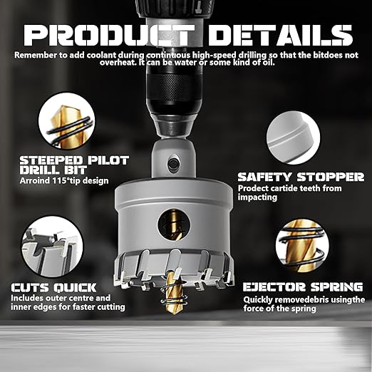 Hole Saw 6 PCS, Hole Saw for Metal, TCT Hole Cutter, 4 Drill Saws with 2* Extra Pilot Center Bits, 2* Springs for Metal, Iron and Stainless Steel