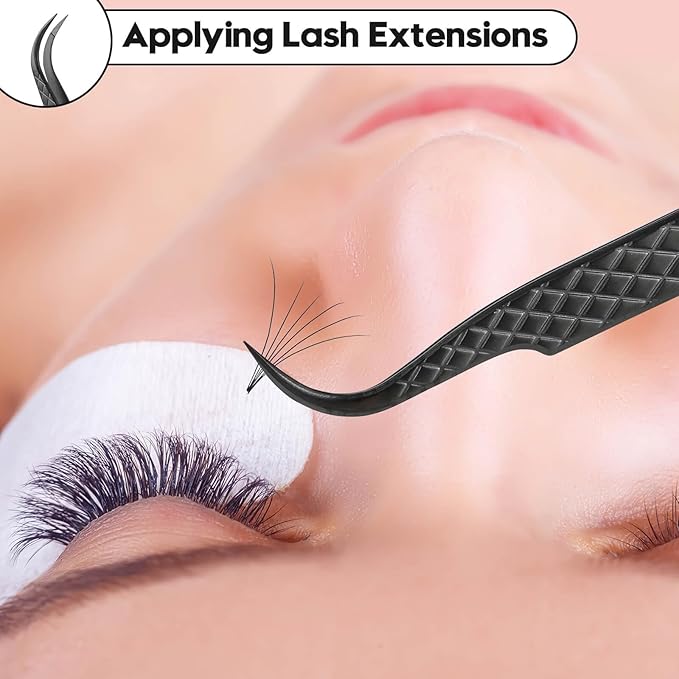Ms.Queen Eyelash Tweezers For Extensions, Precision Diamond Grip Curved Lash Tweezers Fiber Tip,Black