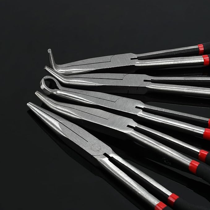 5 Pack 11" Precision Long Nose Pliers Set with Insulated Comfort Grip Handles,Straight Long Needle Nose Pliers, 25/45/90째 Curved & Circle for Wire Shaping/Trimming