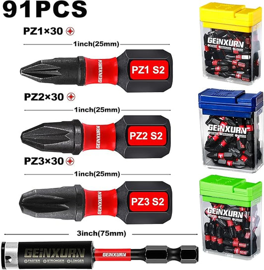 Impact Pozi Screwdriver Bits Set,90 Pcs 1" Magnetic (PZ1/PZ2/PZ3) S2 Steel Multi Driver Bits and 1Pcs Bit Holder with Storage Colorful Box