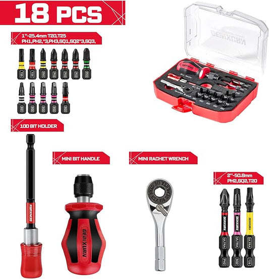18 Pieces Tool Kit with Matching Storage Box, Include 1??2??S2 Steel Magnetic Screwdriver Bits (Phillips/Square/Torx), Mini Bit Handle, Mini Rachet Wrench, Bit Holder for Home Repairs