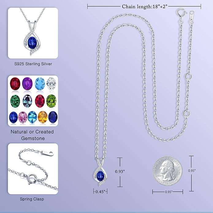 SMILEST Oval Sparkle Birthstone Pendant Necklace, 925 Sterling Silver Gemstone Pendant Anniversary Birthday Gifts for Women Wife Girlfriend Mom Grandma Birthstone Necklace for Women Jewelry Gifts