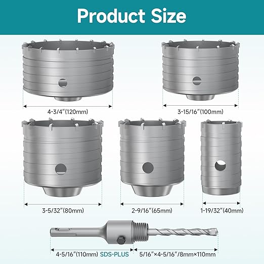 6Pcs Masonry Concrete Hole Saw Kit (40 65 80 100 120 mm) - 110 mm Tungsten Carbide SDS Plus Bit Shank - Hole Saw Set for Concrete Brick Cement Tile