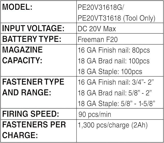 Freeman PE20VT31618 20 Volt Cordless 3-in-1 16 and 18 Gauge Nailer / Stapler (Tool Only) ??1300 Shots per Charge