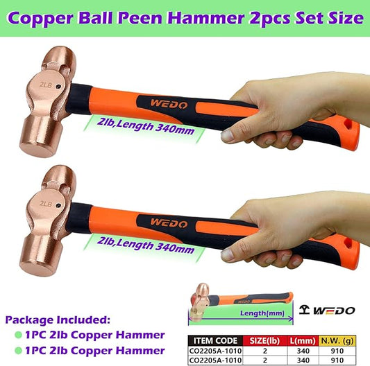 WEDO 2-Piece Copper Ball Peen Hammer Set, 32 oz + 32 oz(2lb+2lb), Ball Pein Hammer with Fiberglass Handle, Die-Forged, Corrosion Resistant, DIN Standard
