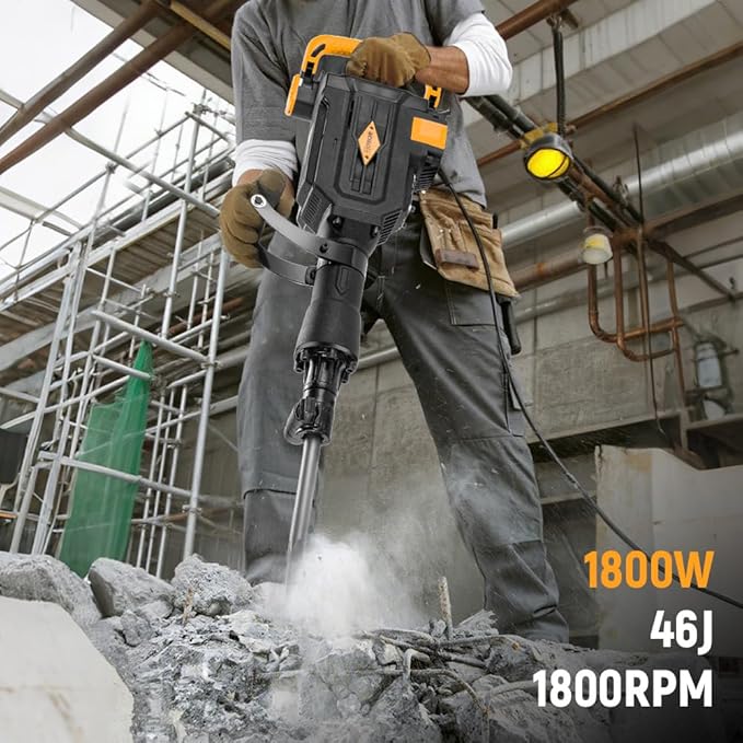 Hoteche 1800W Demolition Electric Jack Hammer 1800 BPM Heavy Duty Concrete Breaker with Point and Flat Chisel
