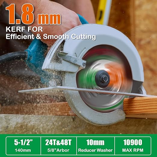 2PCS 5-1/2” Circular Saw Blade for Wood, 24T&48T TCT Cutting Blade, Fine Finish Crosscut Angled Bevels Framing Ripping for Plywood, Melamine, Oak, Pine, Laminate, Chipboard, 5/8"