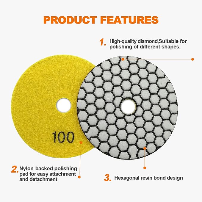 Dry Diamond Polishing Pad Set,7pcs 4 inch #100 for Stone Marble Quartz Granite Sanding Disc Countertop Polish Polisher Pads Kit Tools Used on Grinder or Polisher