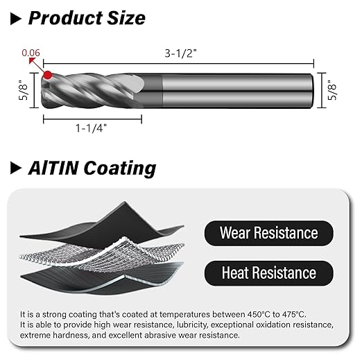 5/8" Carbide Corner Radius End Mills - 0.06" Corner Radius, AlTiN Coated, 4 Flute Endmill for Milling Alloy Steel, Cast Iron, Copper